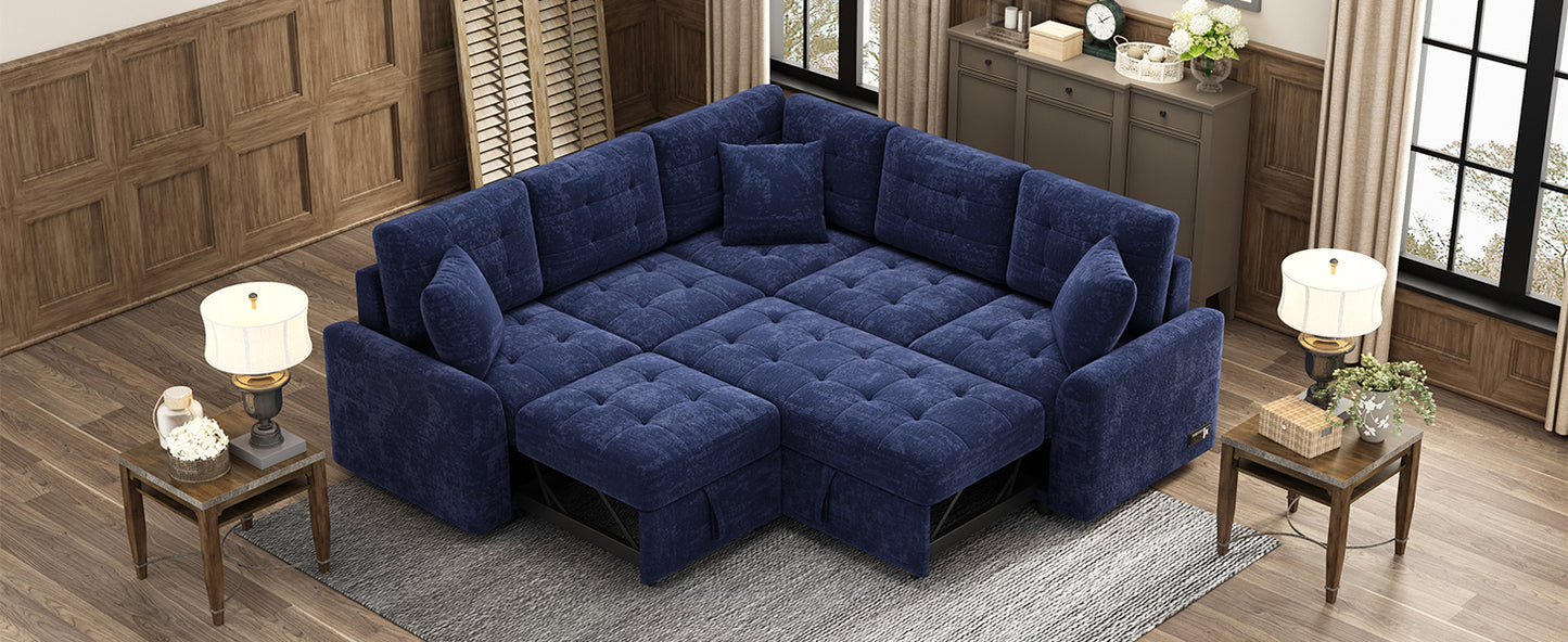 Novak L-shape Sofa Bed Pull-out Sleeper Sofa with Wheels - Navy Blue