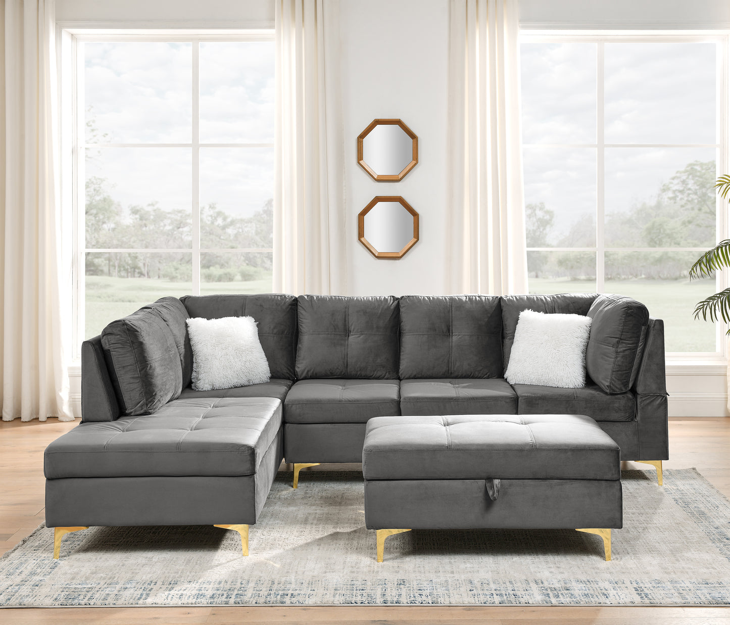 Lenavo Velvet Sectional Sofa - Gray