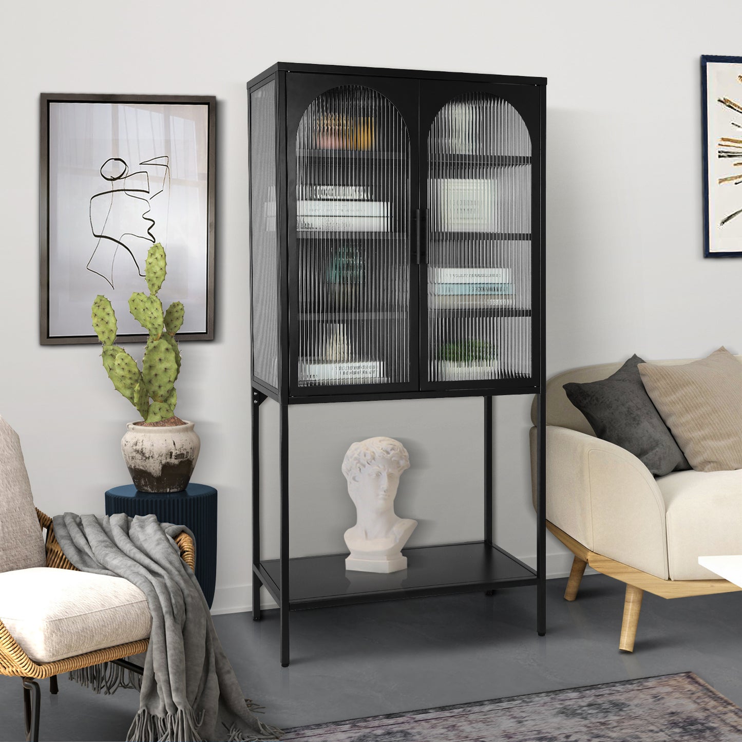 Arched II Glass Doors Floor Cabinet - Black