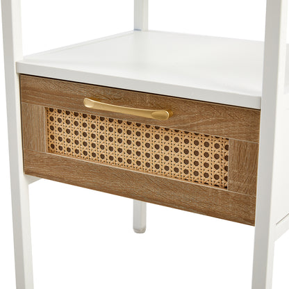 Rattan End table with  drawer Modern nightstand - White