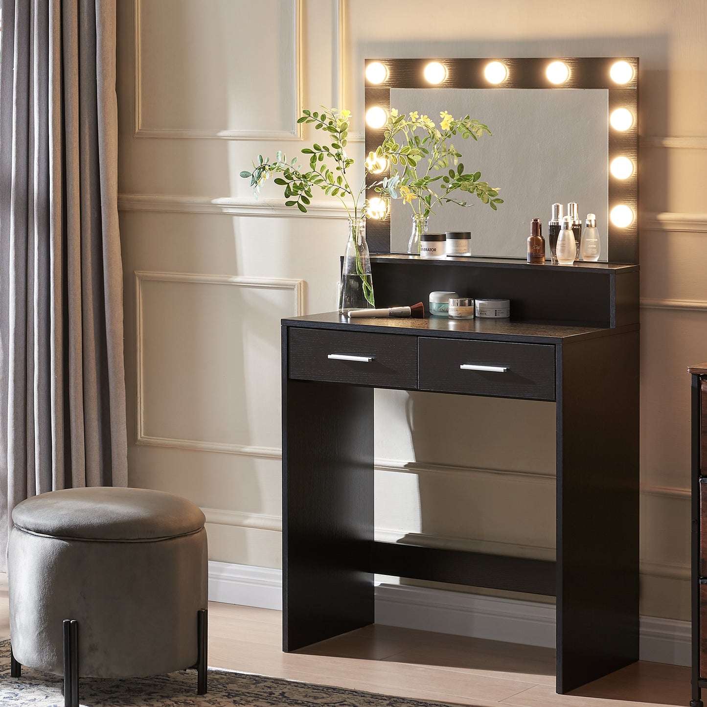 Neve Vanity Desk with Mirror and Lights - Black