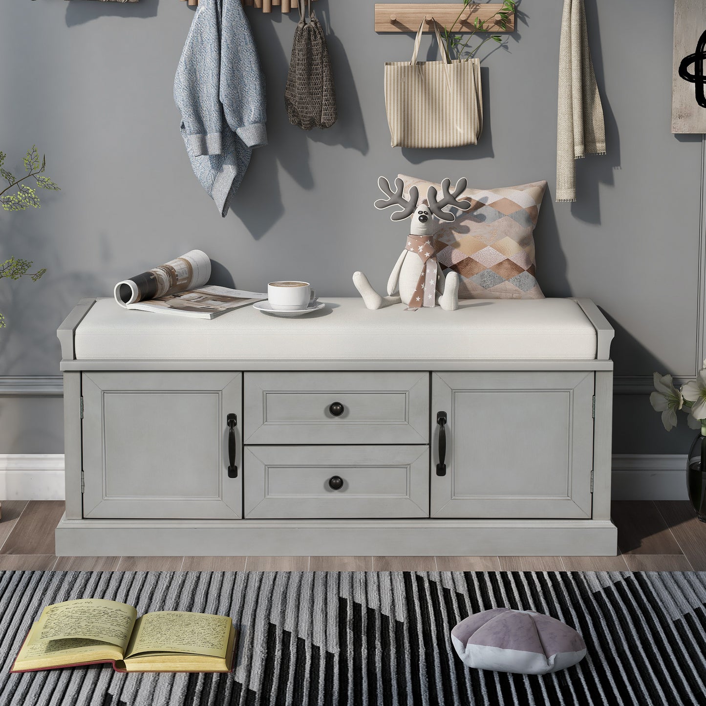 Stash Storage Bench with 2 Drawers and 2 Cabinets - Gray Wash