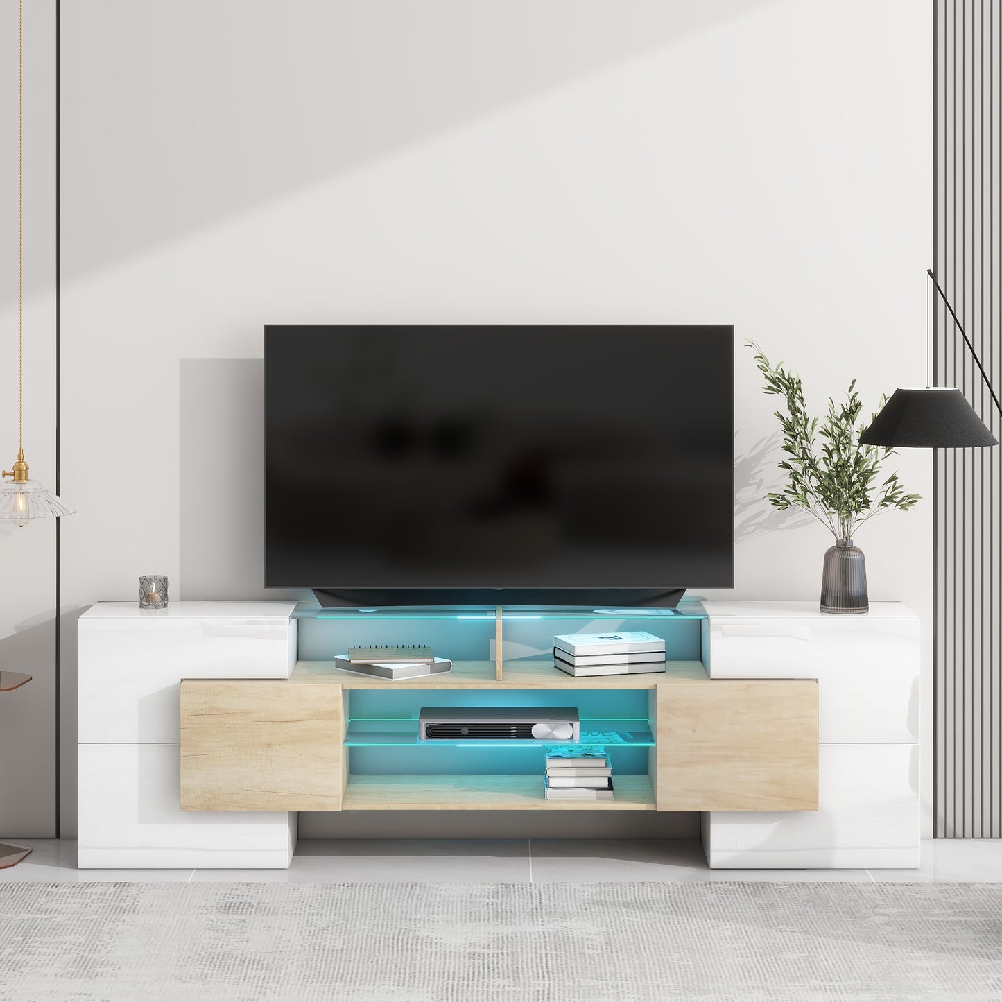 Trax TV Stand with 2 Illuminated Glass Shelves - Wood