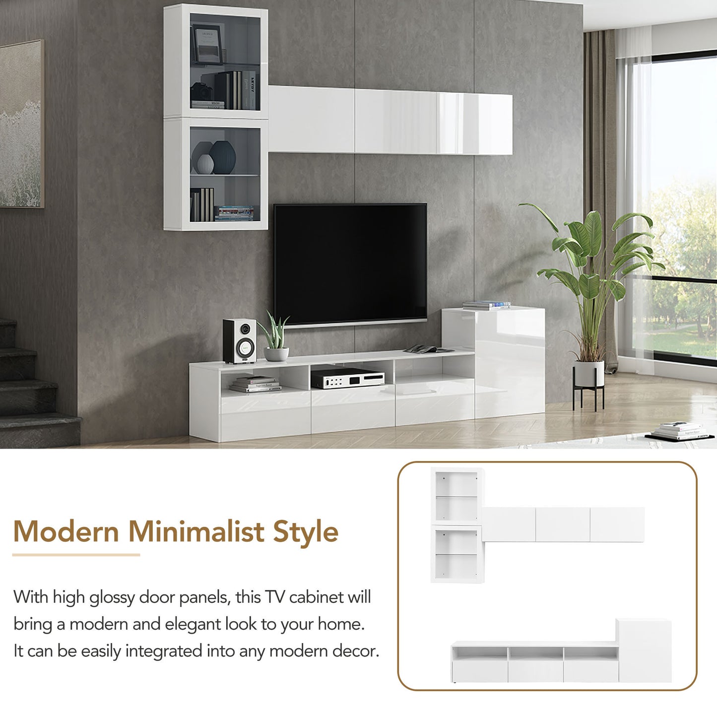 Sata TV Stand with Wall Mounted Floating Storage - White