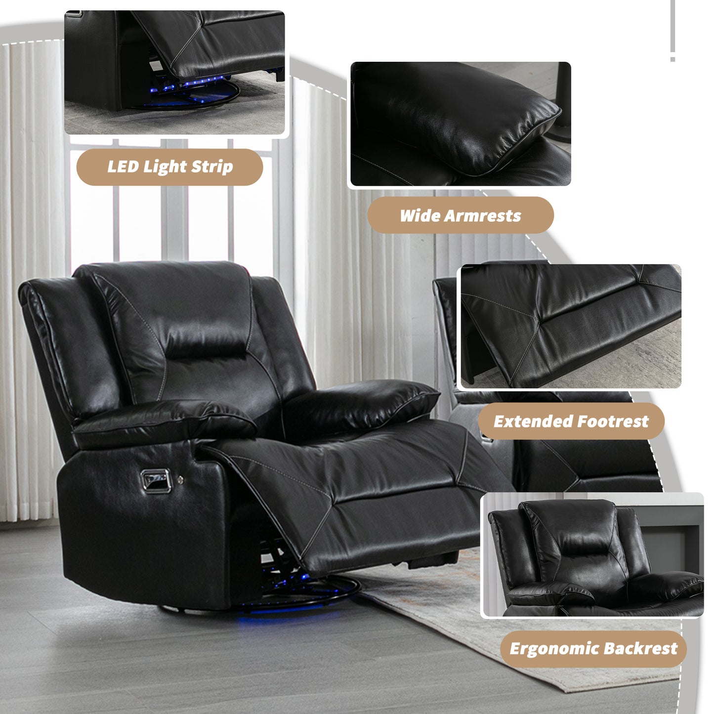 Meyer 360° Swivel and Rocking Manual Recliner Chair with a LED - Black