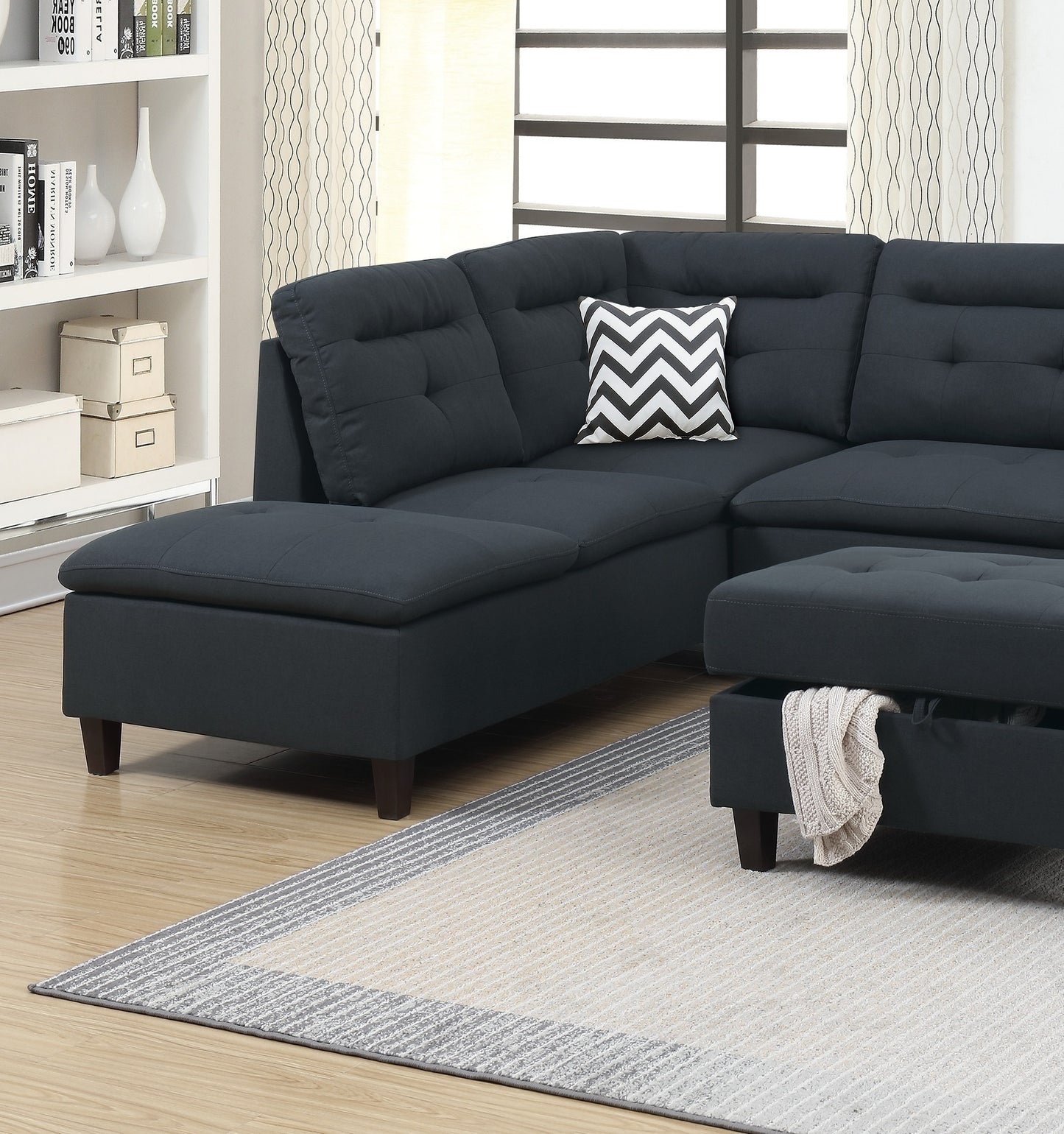 Lar Sectional Fabric Sofa w Ottoman - Black