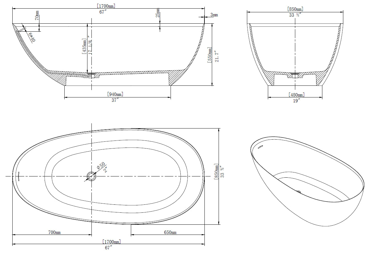 Relaxa 71" Solid Surface Freestanding  Bathtub  -  Matte White