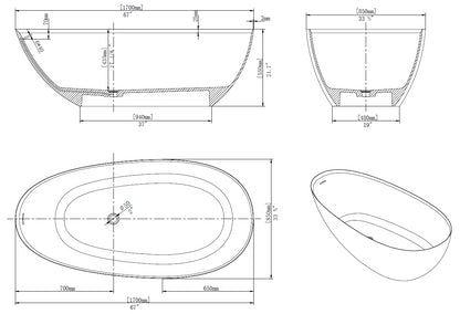 Relaxa 71" Solid Surface Freestanding  Bathtub  -  Matte White