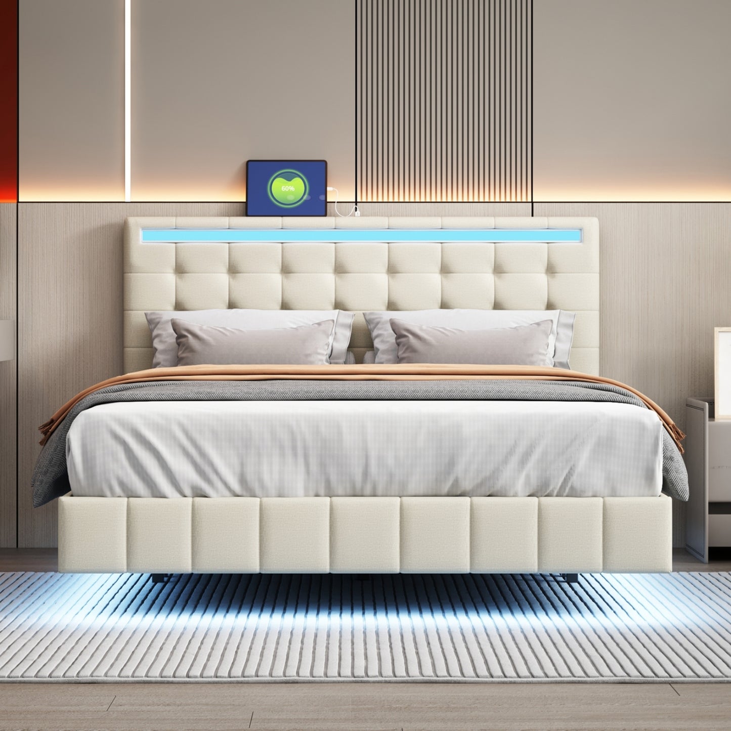 Marc Queen Size Floating Bed Frame with LED - Beige