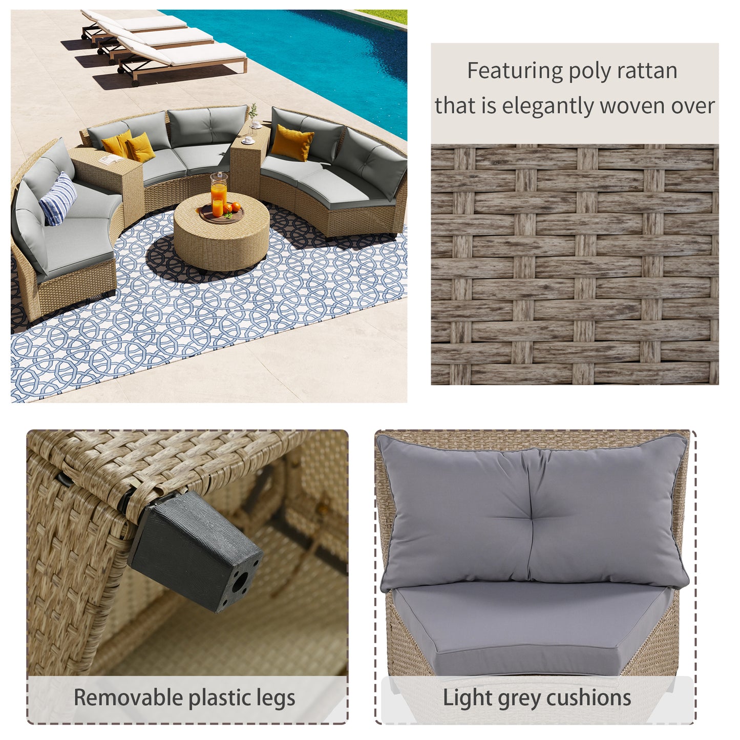 Hester 8 Pc Outdoor Rattan Wicker Half-Moon Sectional Sofa Set - Gray