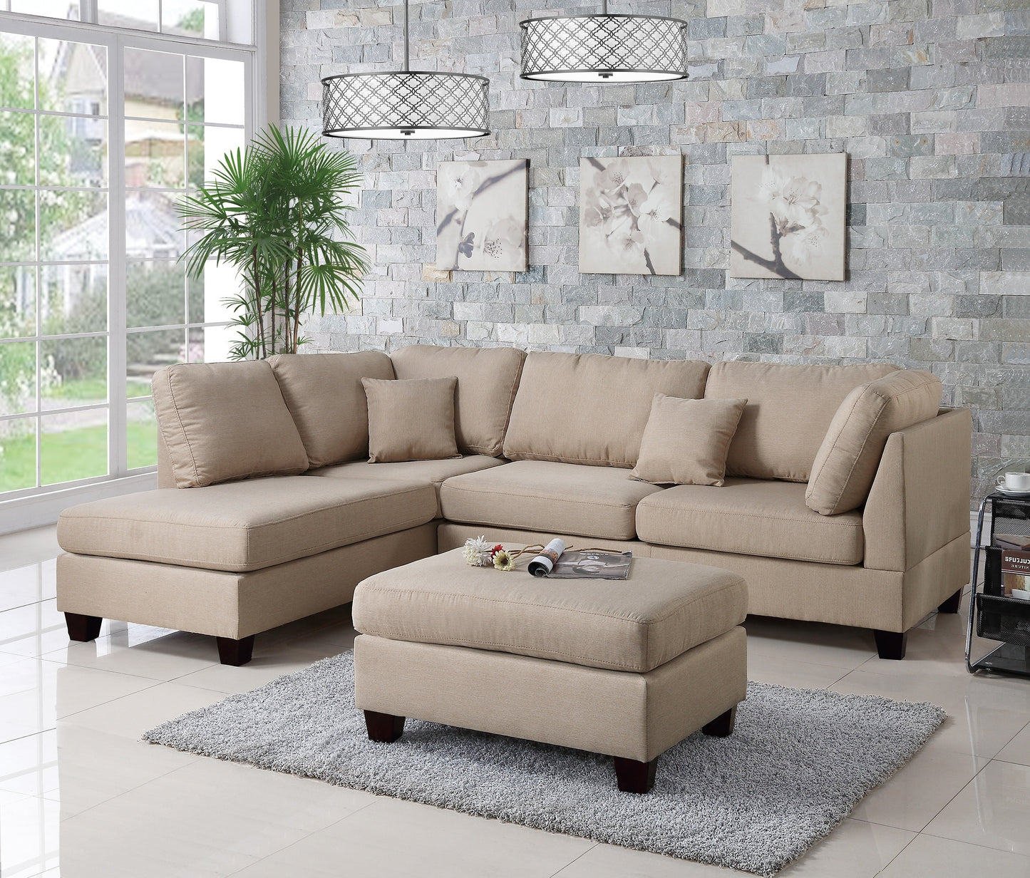 Esra 3pc Sectional Reversible Chaise Sofa And Ottoman - Sand