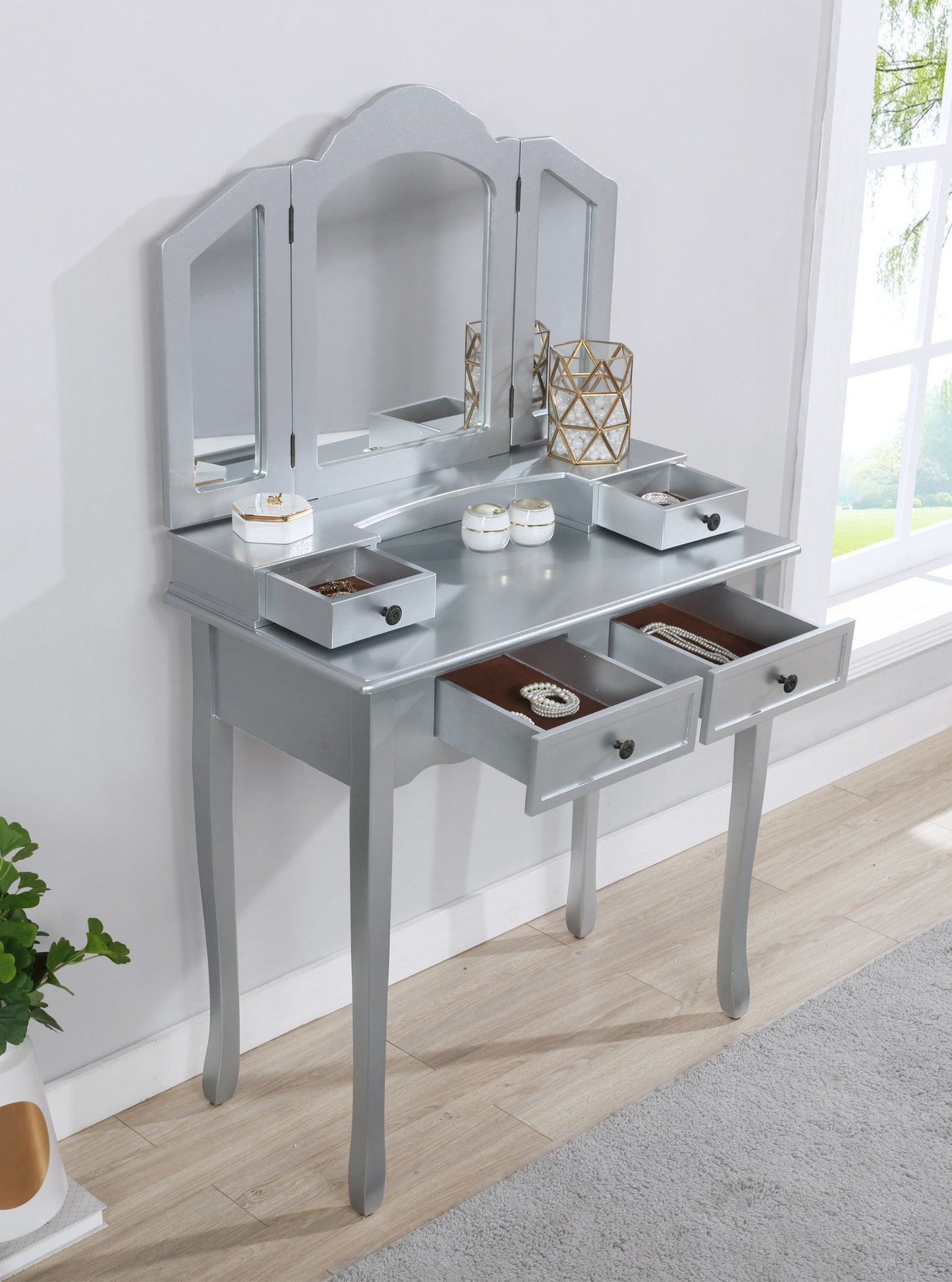 Sanlo Wooden Vanity Make Up Table and Stool Set - Silver