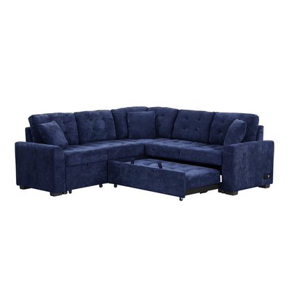 Novak L-shape Sofa Bed Pull-out Sleeper Sofa with Wheels - Navy Blue