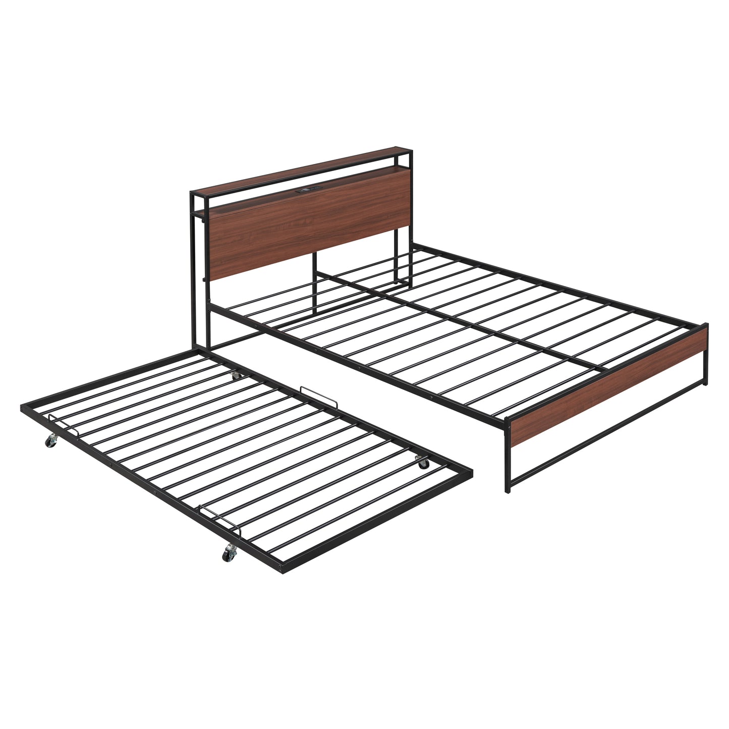 Draven Queen Size Metal Platform Bed Frame with Trundle - Black