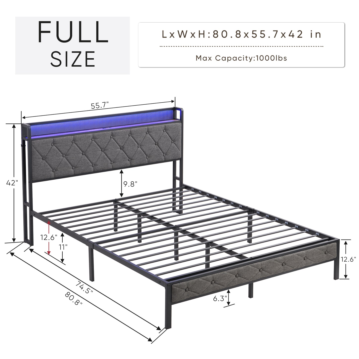 Alder Full Size Bed Frame with Storage - Dark Gray