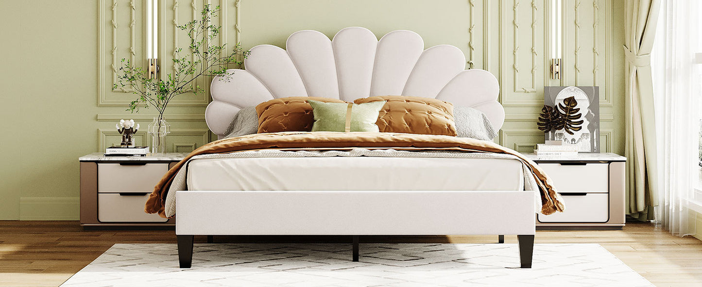 Floral Bliss Queen Size Velvet Platform Bed Frame - Beige