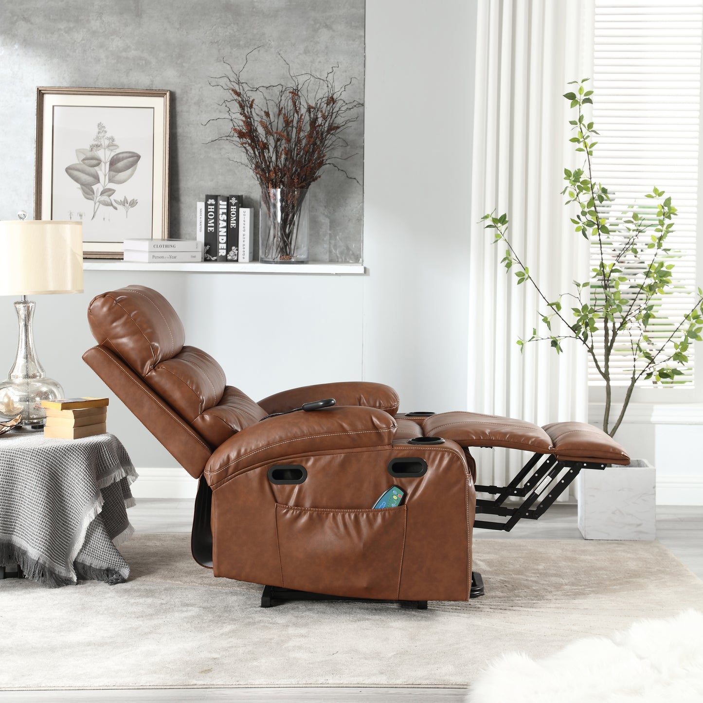 Elias Large Power Lift Recliner Chair with Massage - Brown