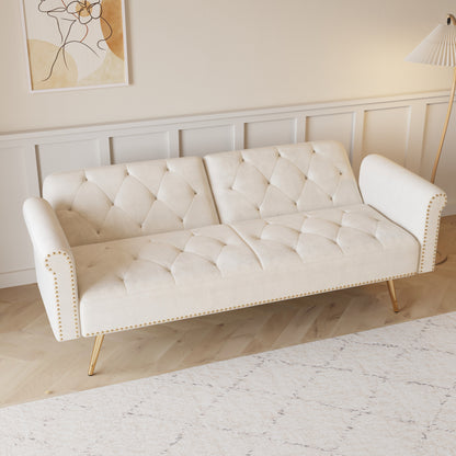 Uma Convertible Velvet Sofa Bed - Beige