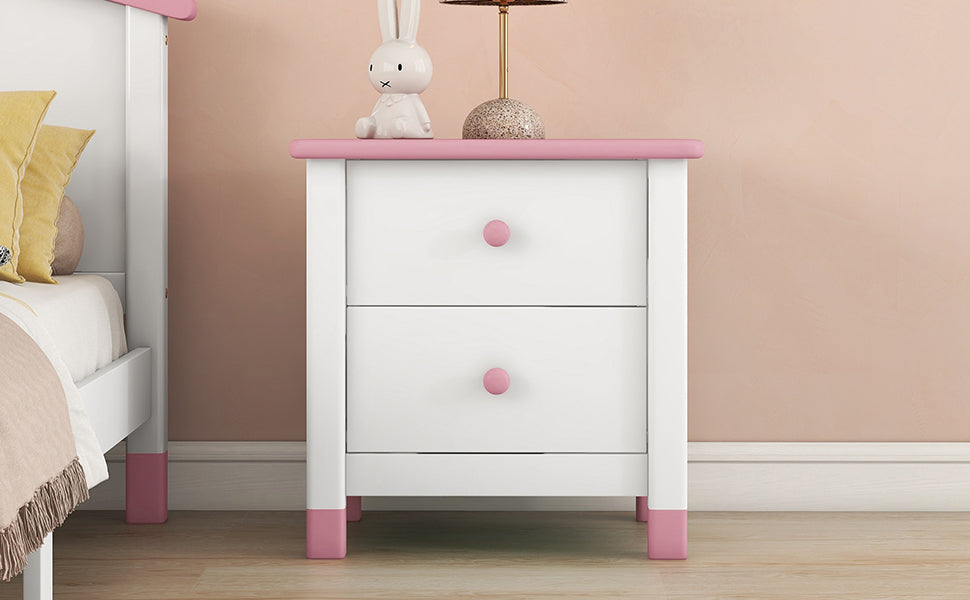 Hana Wooden Nightstand with Two Drawers - White+Pink