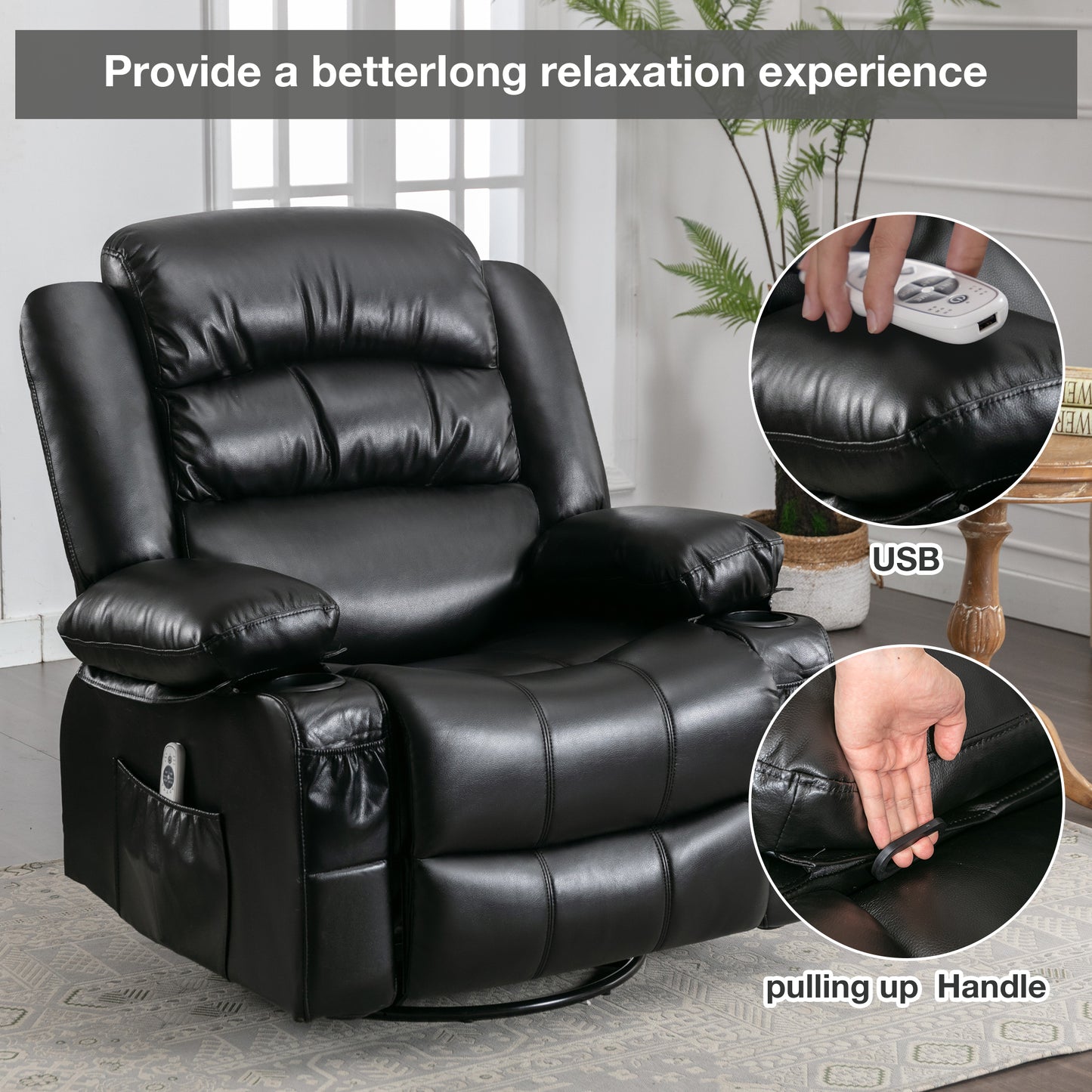 Harris Swivel Rocker Recliner Chair with Vibration Massage and Heat - Black