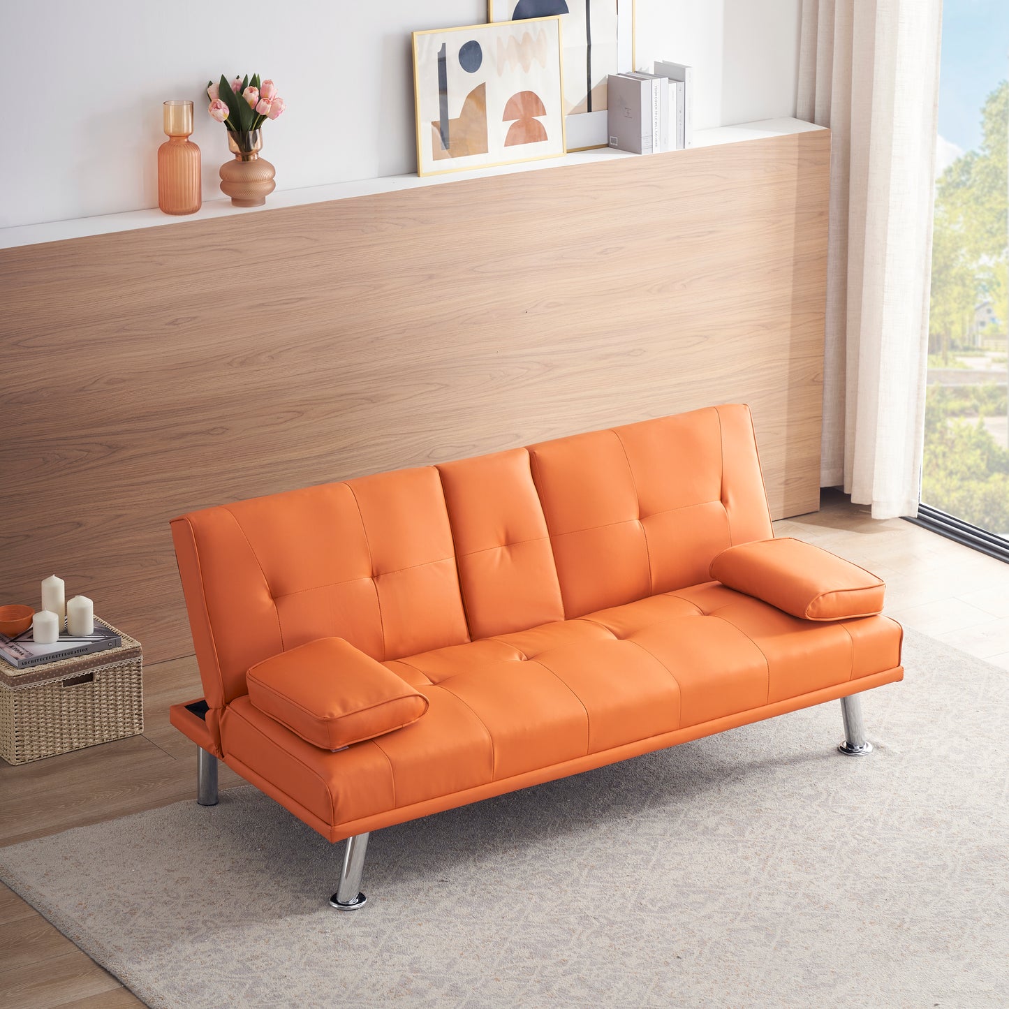 Neza Convertible Faux Leather Sofa Bed  - Orange