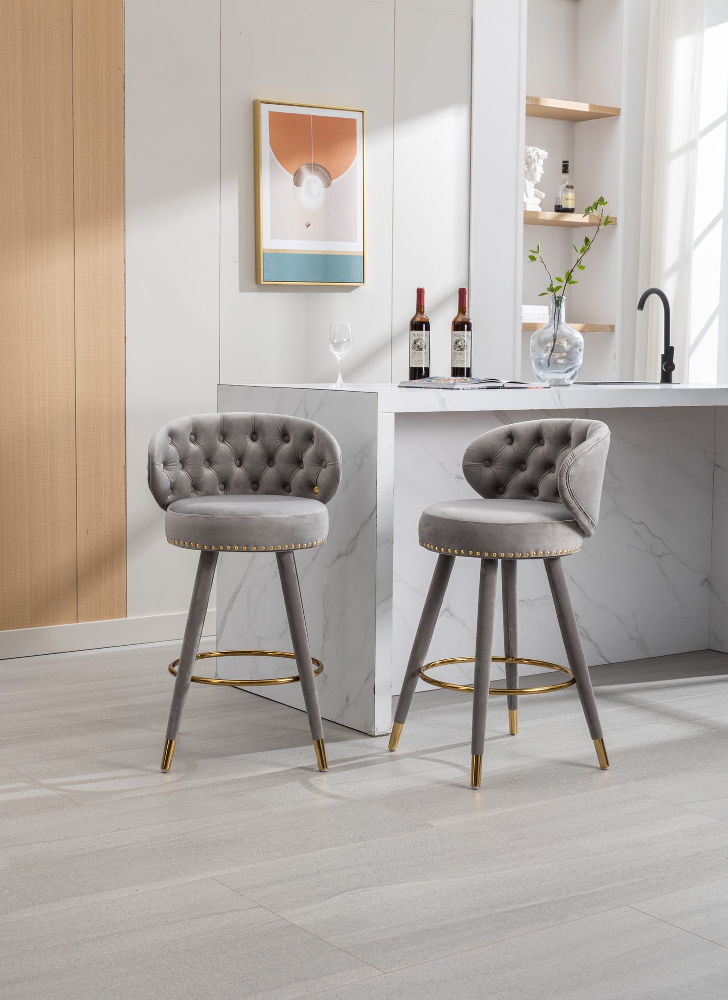 Emma Bar Stools with Back and Footrest  - Gray Set of 2