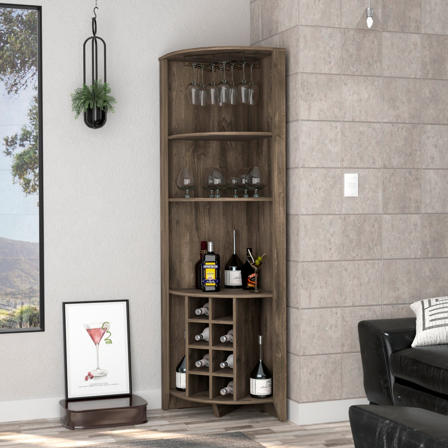 Morgana 8-Bottle 5-Shelf Corner Bar Cabinet - Dark Brown