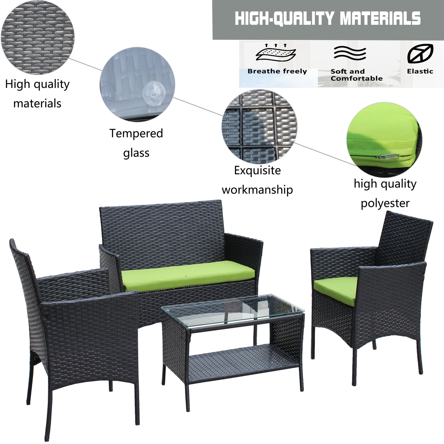 Miola 4 Pc Outdoor Patio Wicker Ratten Furniture Set - Green Cushion