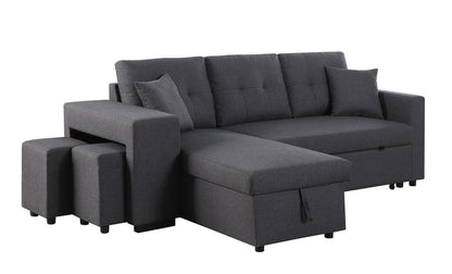 Dennis Fabric Reversible Sleeper Sectional with Storage Chaise and 2 Stools - Dark Gray