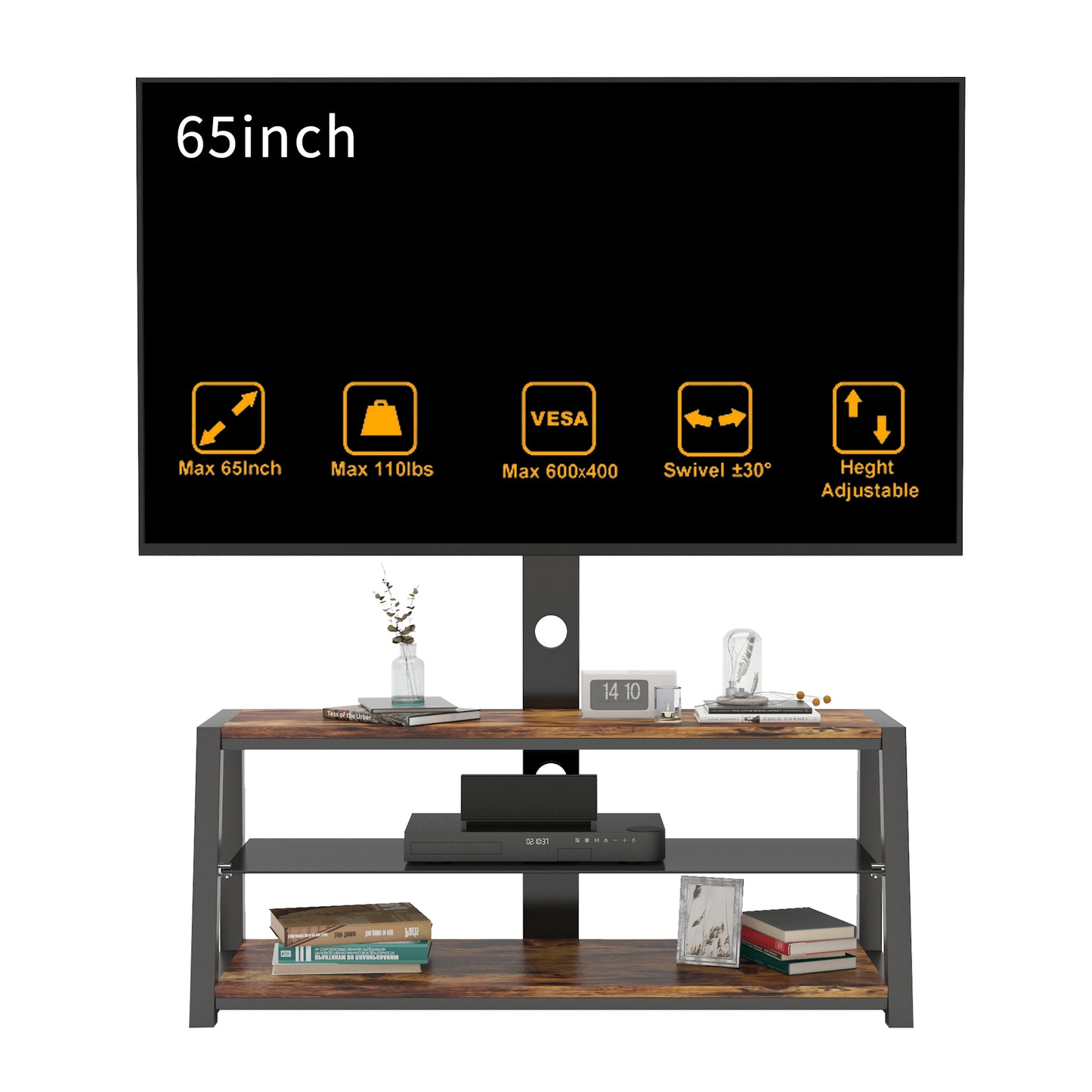 Up TV Stand Tempered Glass Height Adjustable - Black