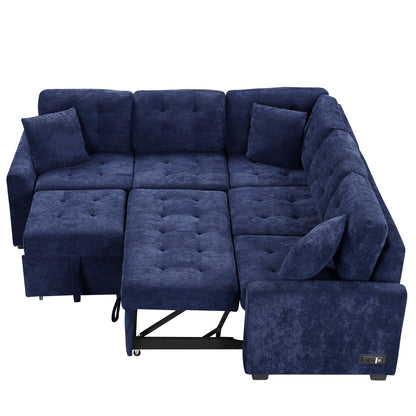 Novak L-shape Sofa Bed Pull-out Sleeper Sofa with Wheels - Navy Blue