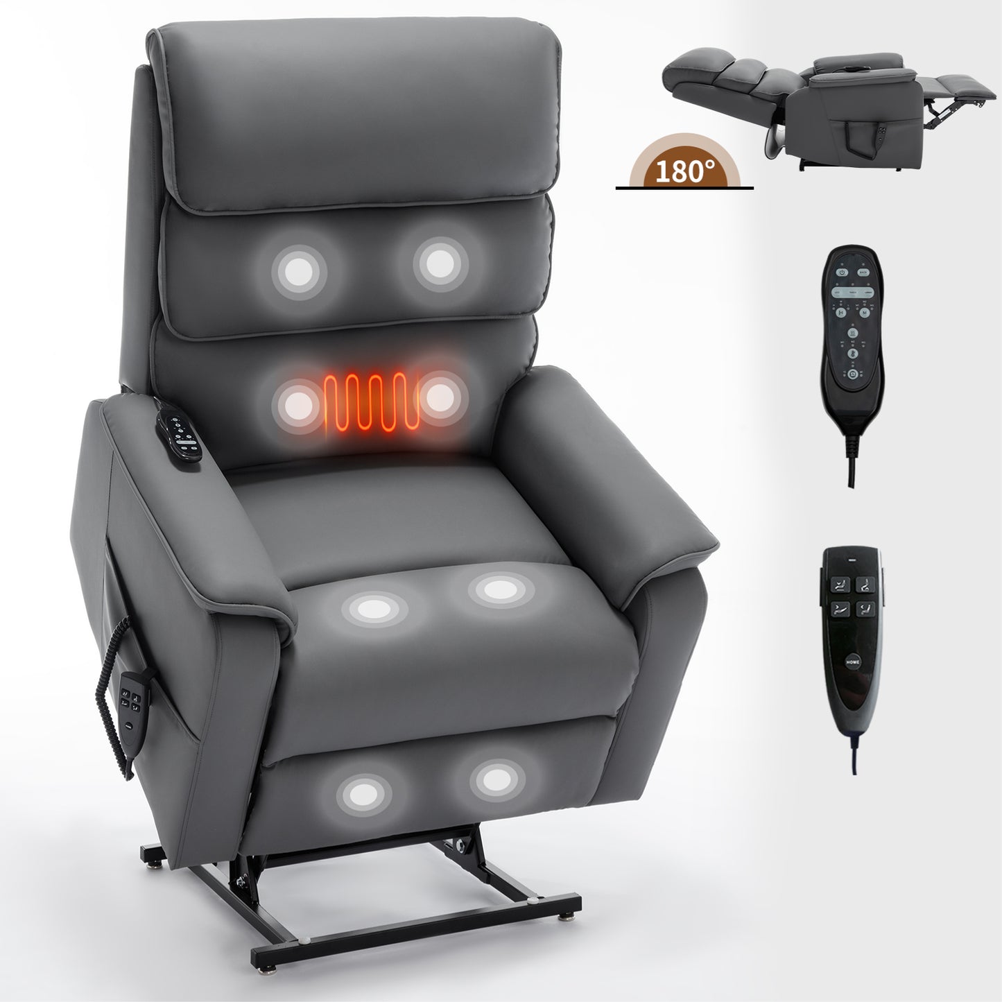 Hannah Power Lift Leather Recliner Chair with Heat Massage - Gray