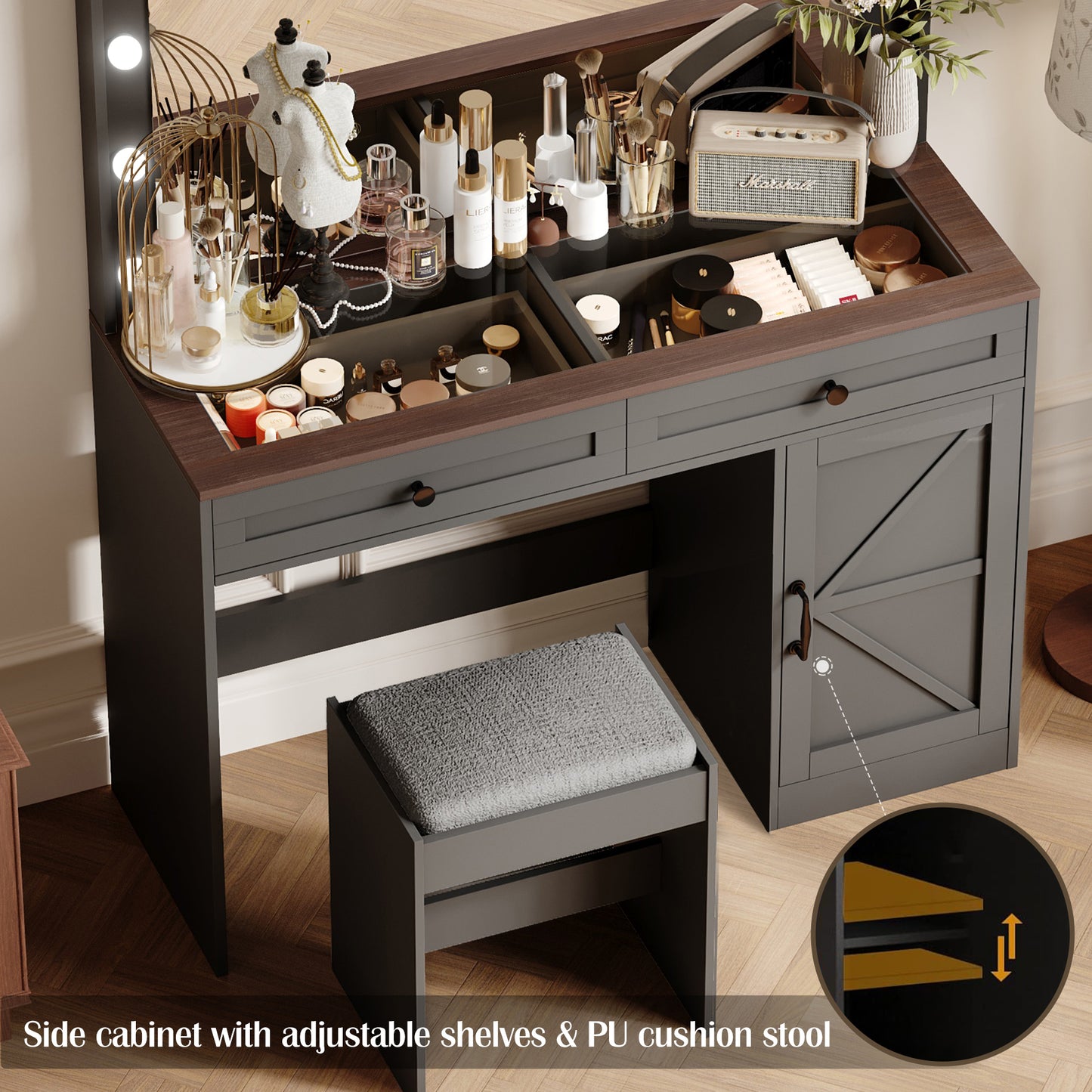 Chaya II Makeup Vanity Table With Large Mirror and 11 LED Light - Black