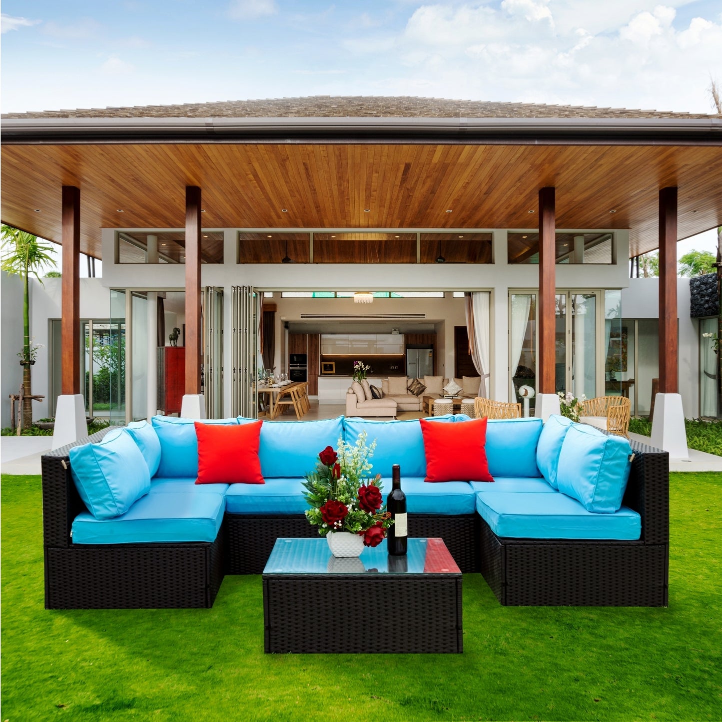 Russo 5 Pc Outdoor Patio Rattan Sectional Sofa Set - Black+Blue