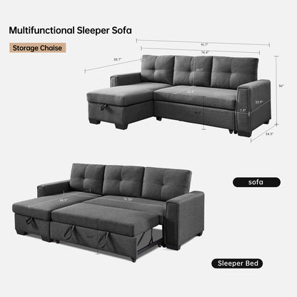 Orion 3-Seater Modular Fabric Convertible Reversible Sleeper Sectional Sofa - Dark Grey