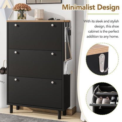 Bio Shoe Cabinet with 3 Flip Drawers - Black