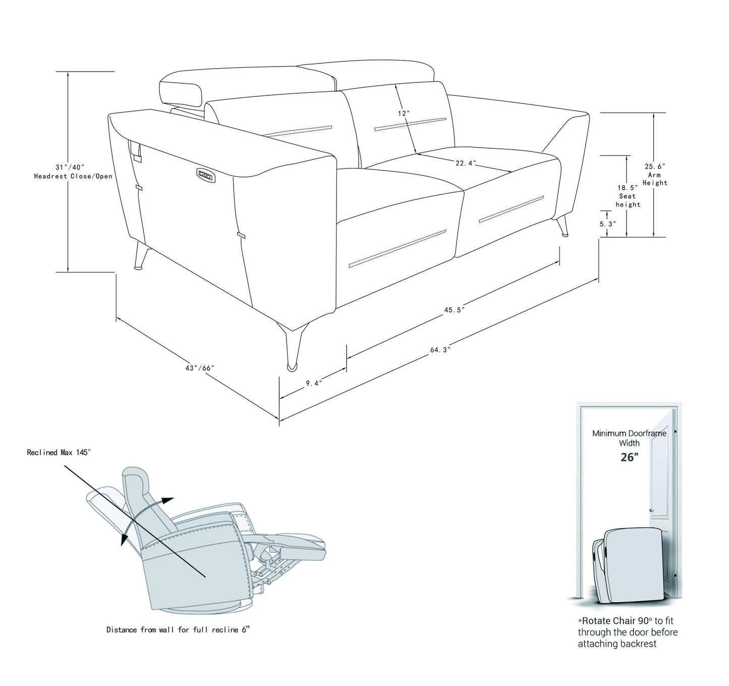 Honcho Top Grain Italian Leather Loveseat with Power Recliner - White