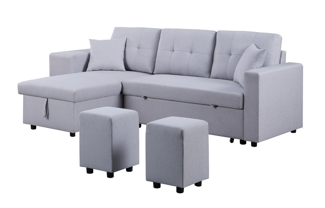 Dennis Fabric Reversible Sleeper Sectional with Storage Chaise and 2 Stools - Light Gray