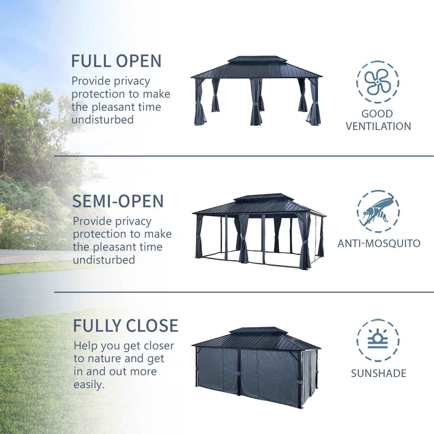 Afix 12 X 18 ft  Permanent Hardtop Gazebo Canopy - Black