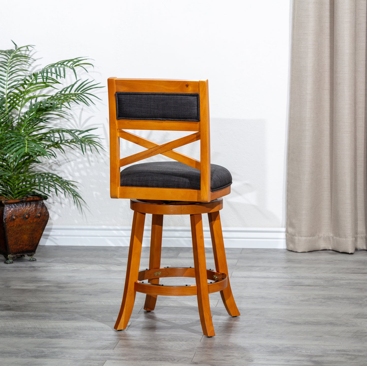 Counter Height X-Back Swivel Stool, Natural Finish, Charcoal Fabric Seat