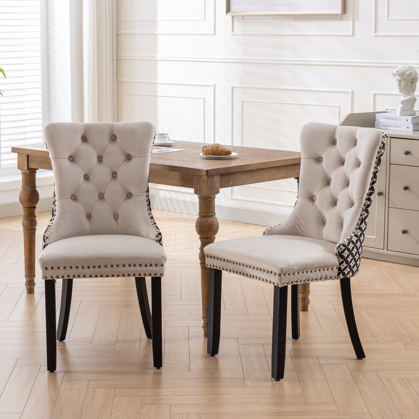 Nikki Velvet Dining Chair w Patterned (Set of 2) - Beige