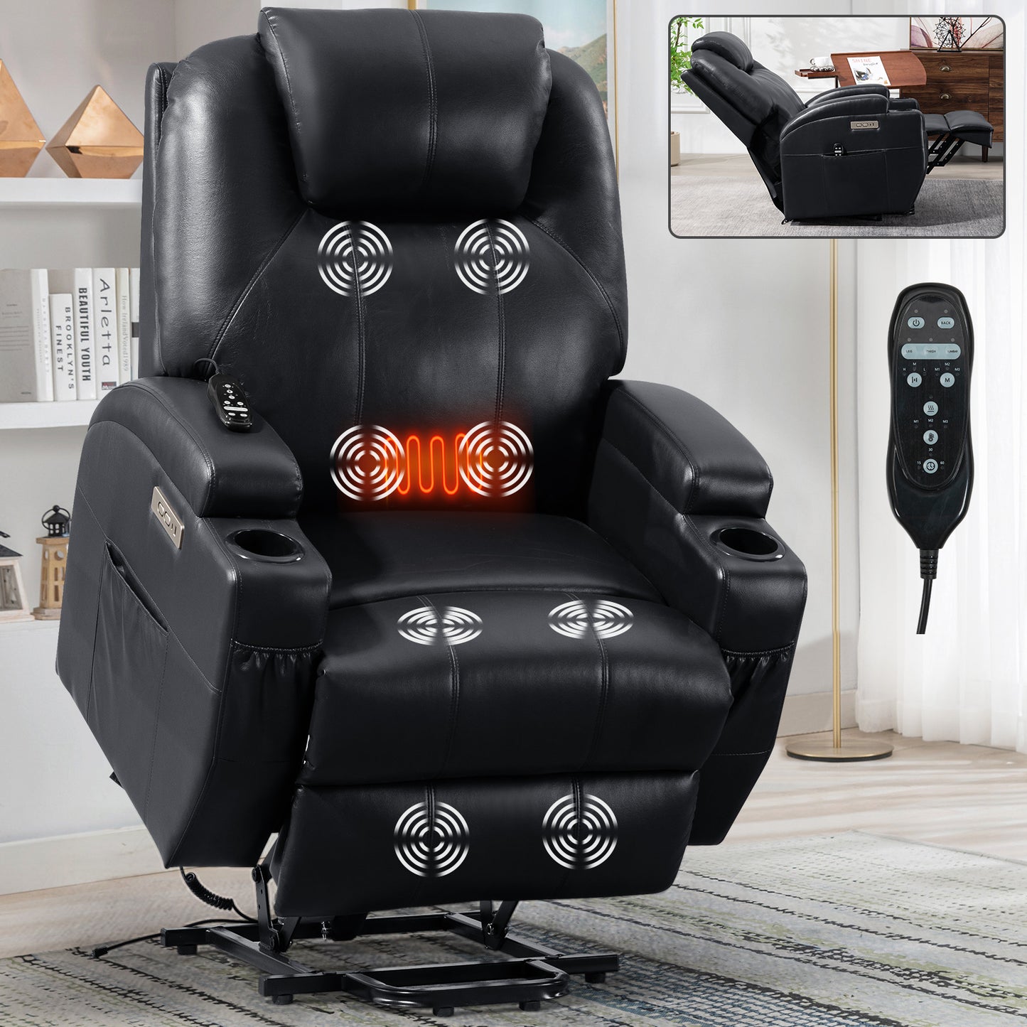 Adell Power Lift Recliner Chair with Heat and Massage - Black