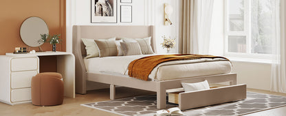 Renni Queen Size Velvet Platform Bed Frame with Drawer - Beige