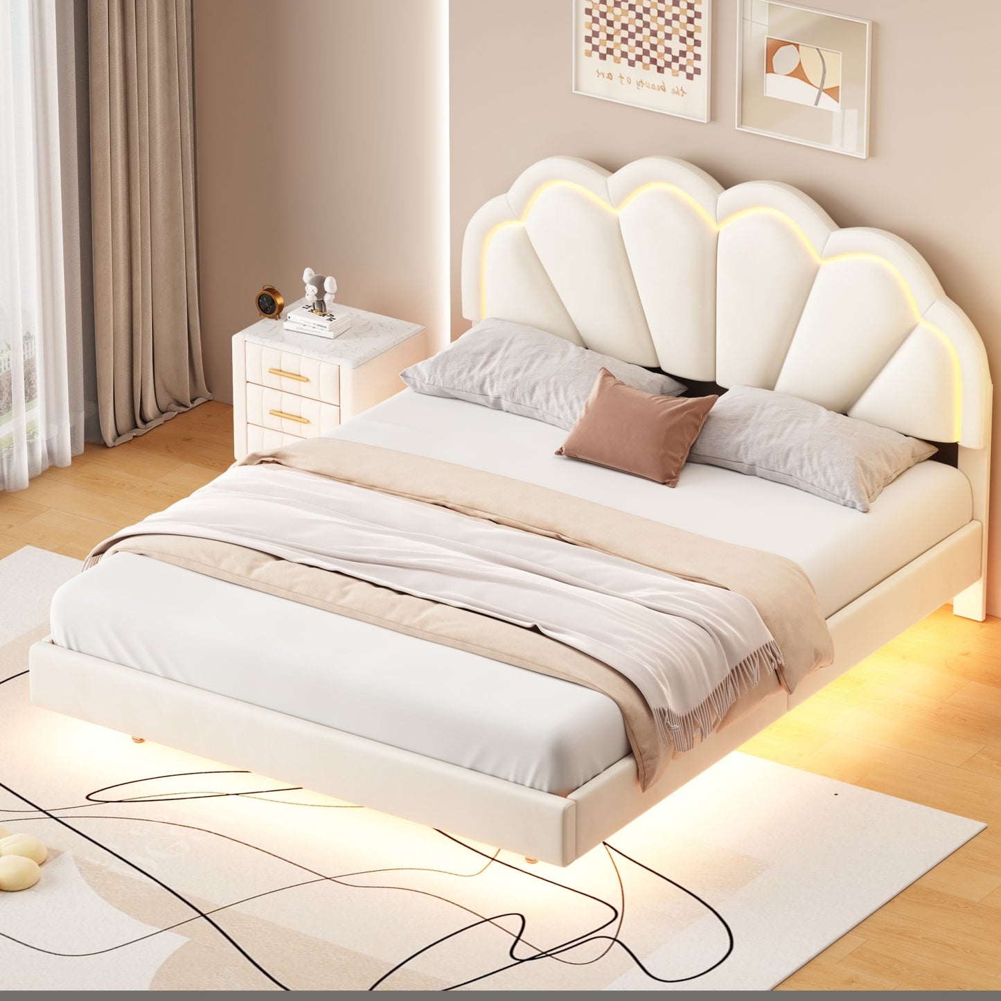 Atlantic Queen Size Platform Bed Frame withe LED - Beige