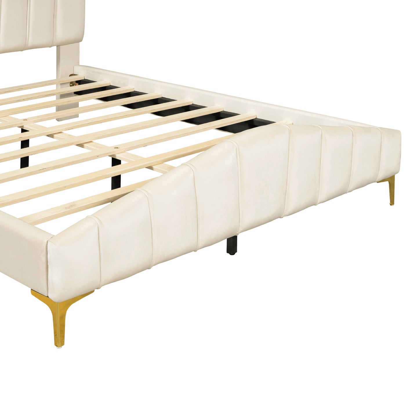 ZuZu Queen Size Velvet Platform Bed with Metal Bed Leg - Beige