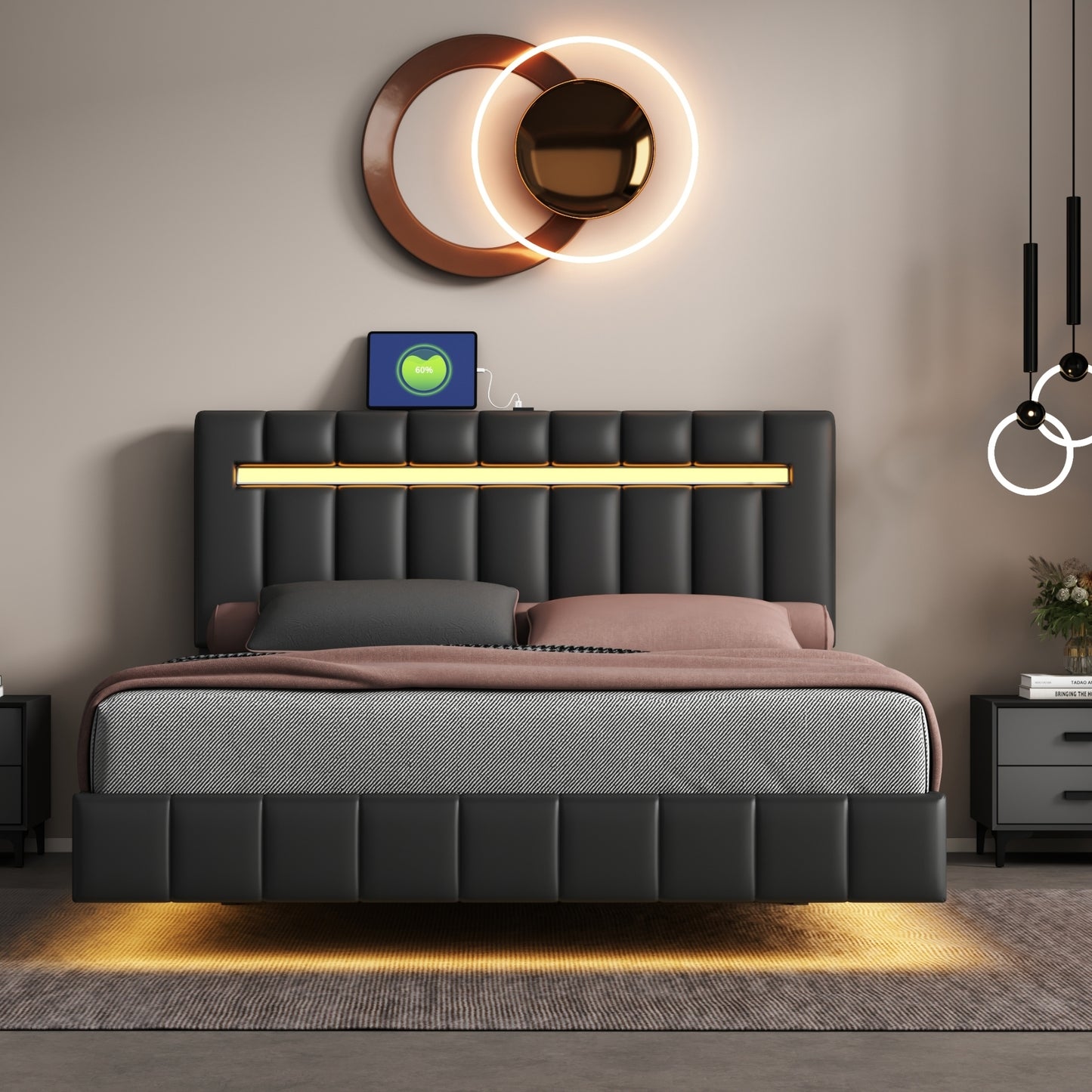 Marc II Queen Size Floating Bed Frame with LED - Black