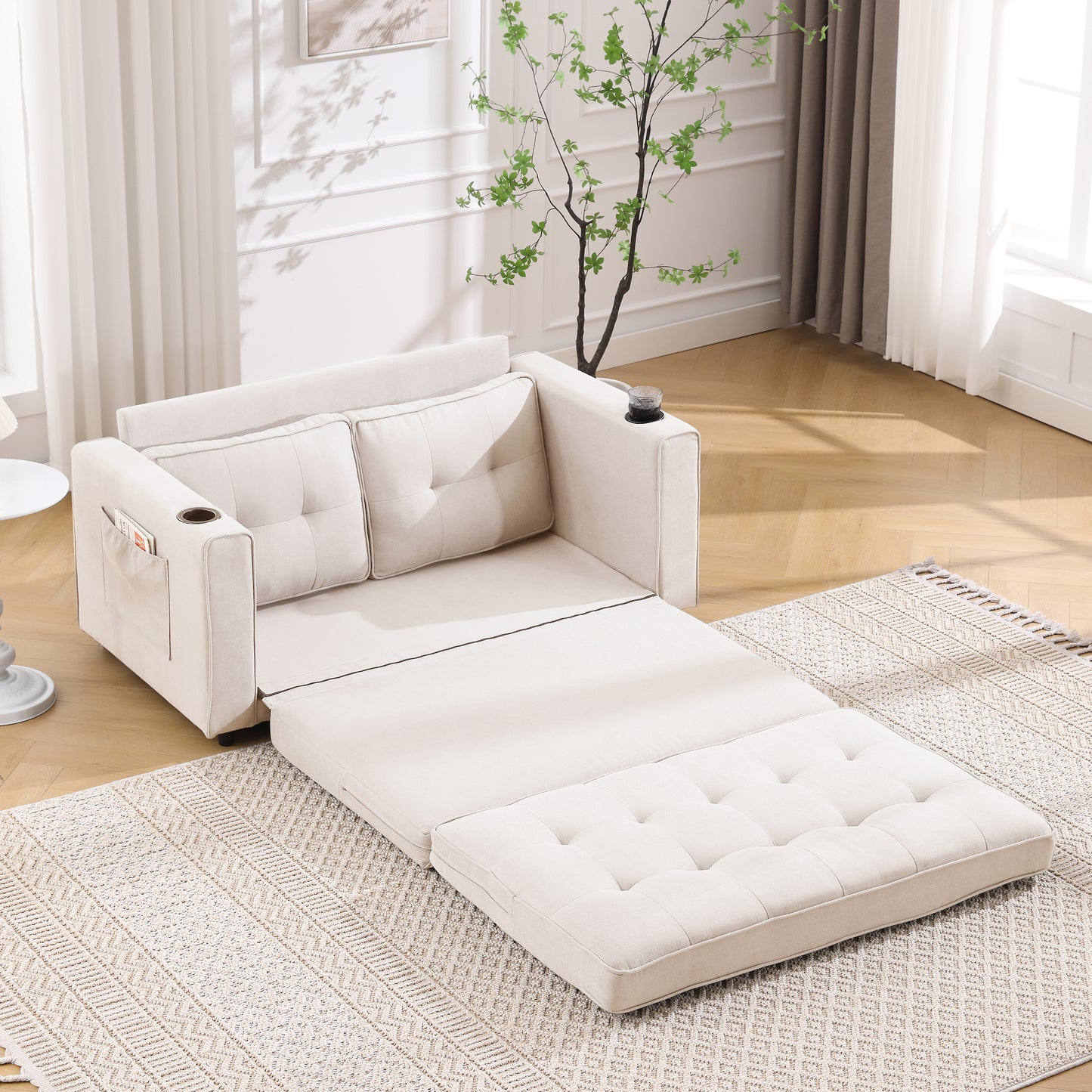 Neo Tufted Loveseat with Pull Out Sleeper - Beige