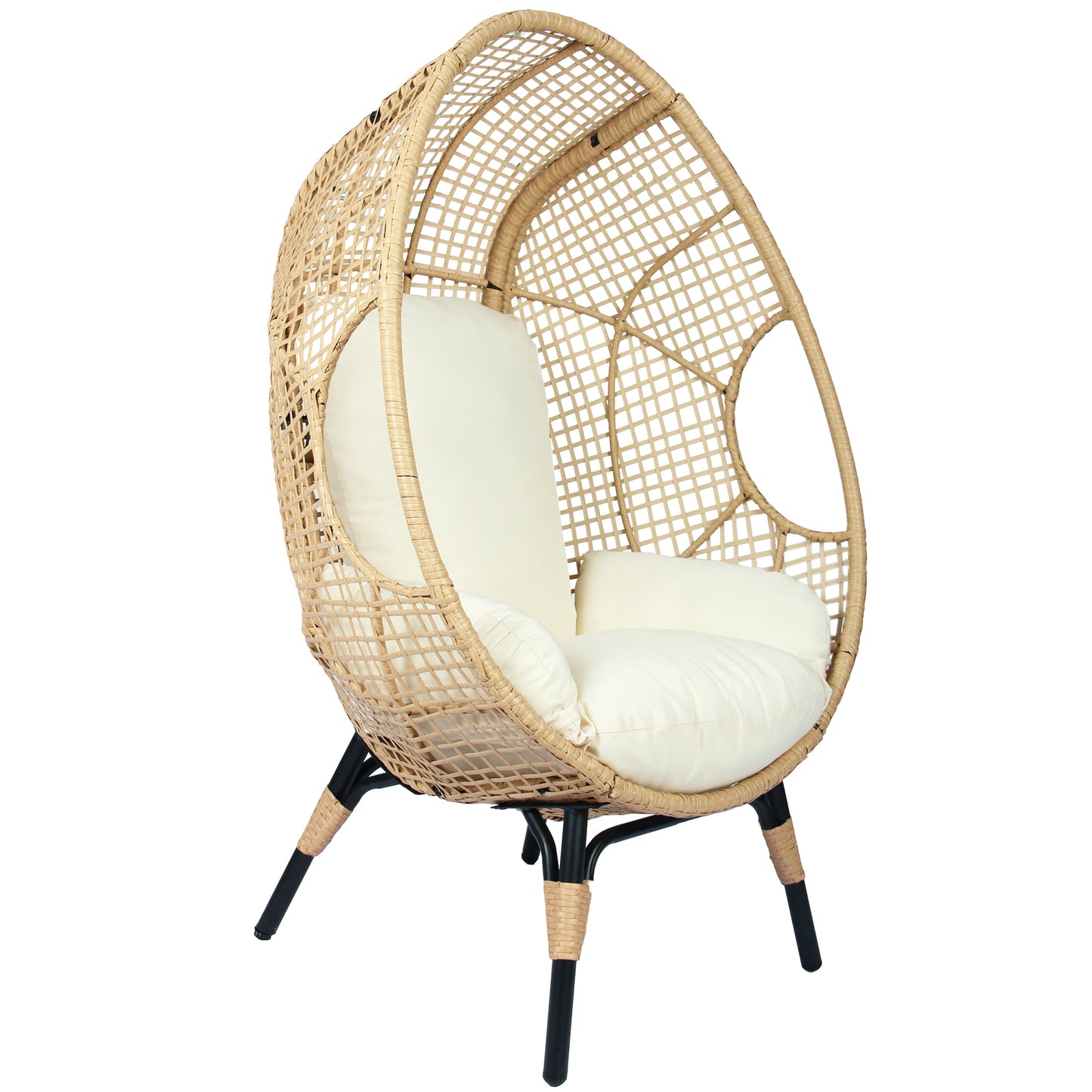 Lorean Patio PE Wicker Egg Chair and Side Table Model 4 - Natural Rattan Beige Cushion