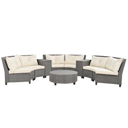 Hester 8 Pc Outdoor Rattan Wicker Half-Moon Sectional Sofa Set - Beige