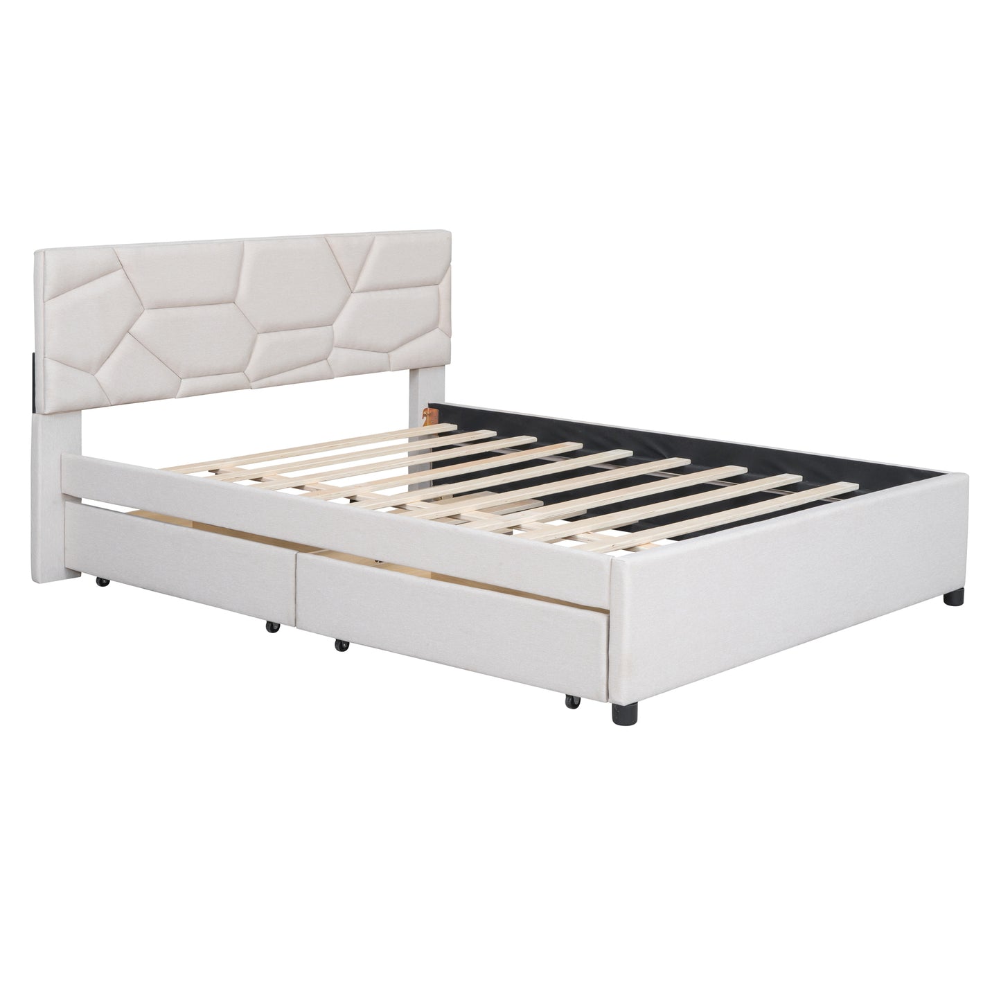 Brick Queen Size Platform Bed with 2 drawers and Twin Size Trundle - Beige